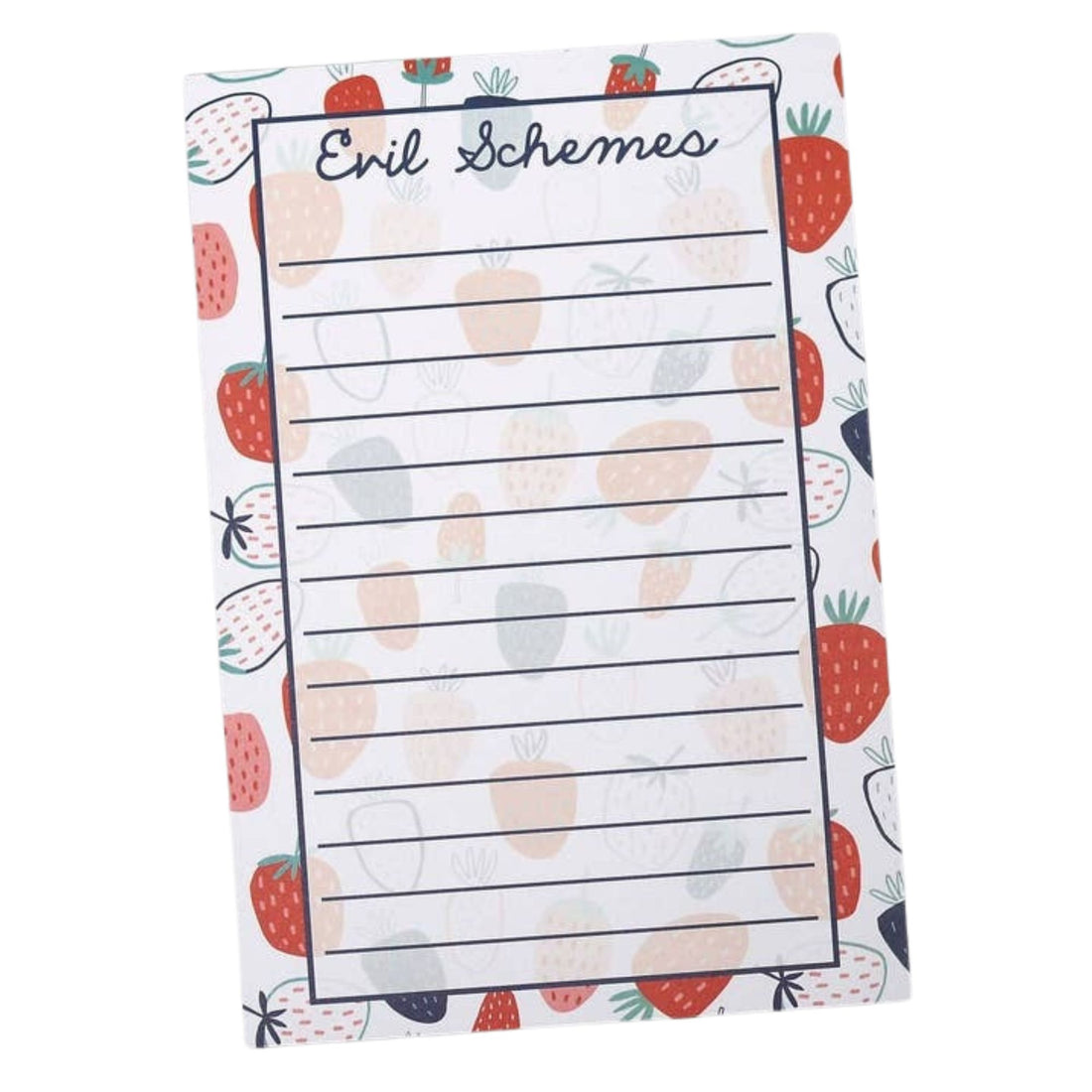 A small notepad with a strawberry and fruit border pattern, featuring a lined writing area labeled &