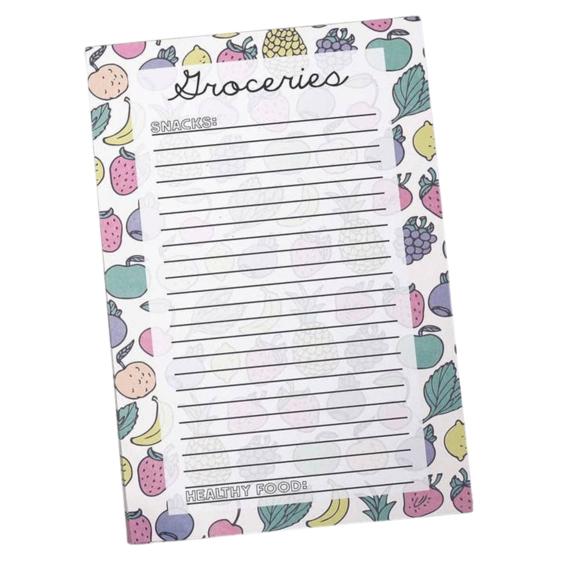 A grocery list notepad with a white lined writing area, decorated with a colorful border of illustrated fruits and vegetables on a white background.