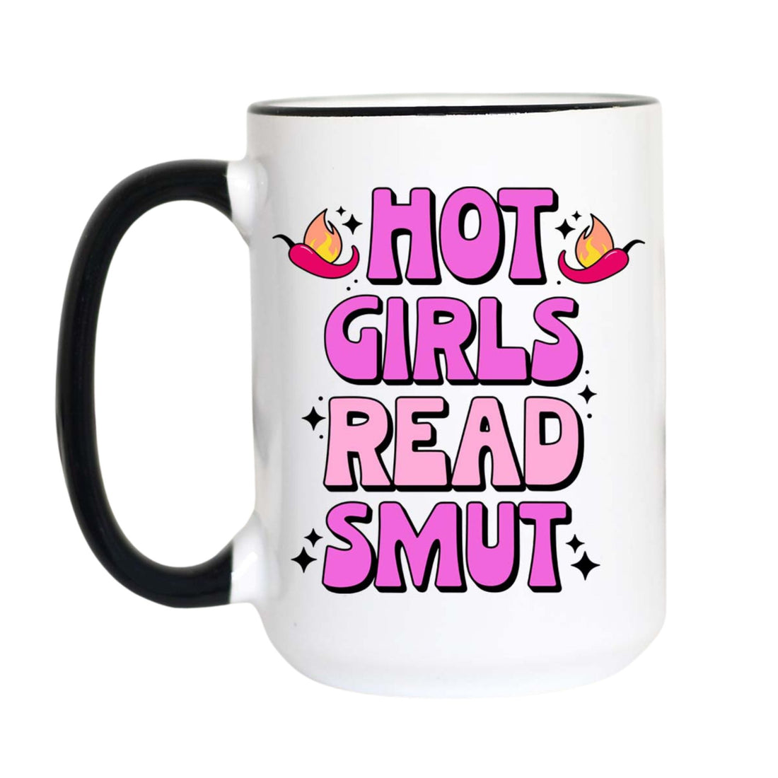 A white ceramic coffee mug with a black handle and black rim, featuring a pink and purple graphic that reads &