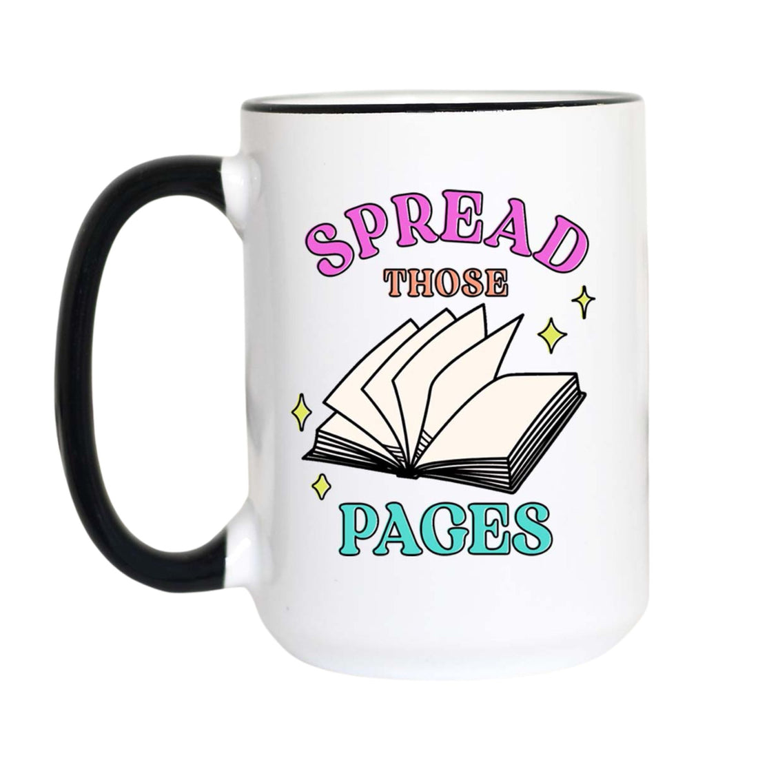 A white ceramic mug with a black handle and black rim, featuring a graphic of an open book with the text &