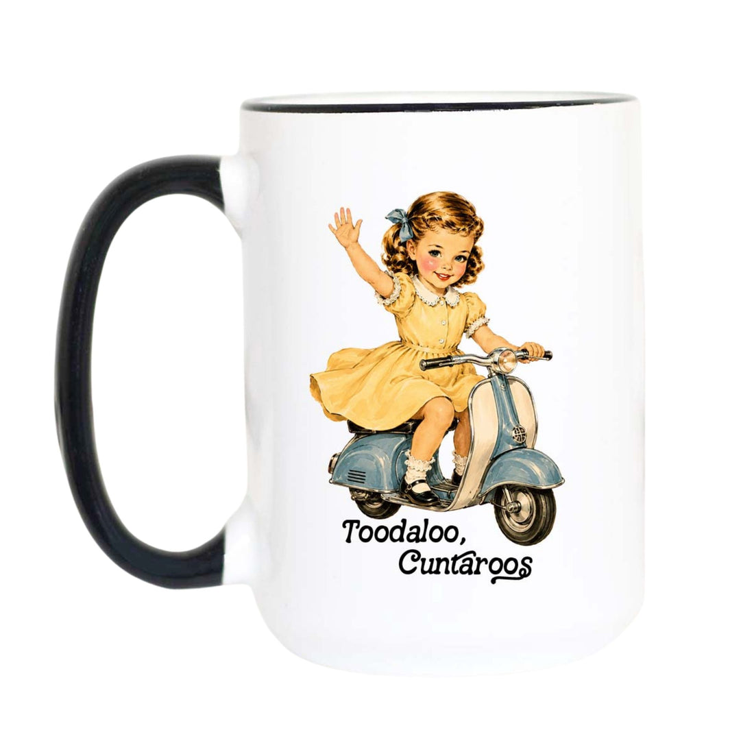 A white ceramic mug with a black handle and black rim, featuring a retro illustration of a young girl in a yellow dress riding a blue scooter and the text &