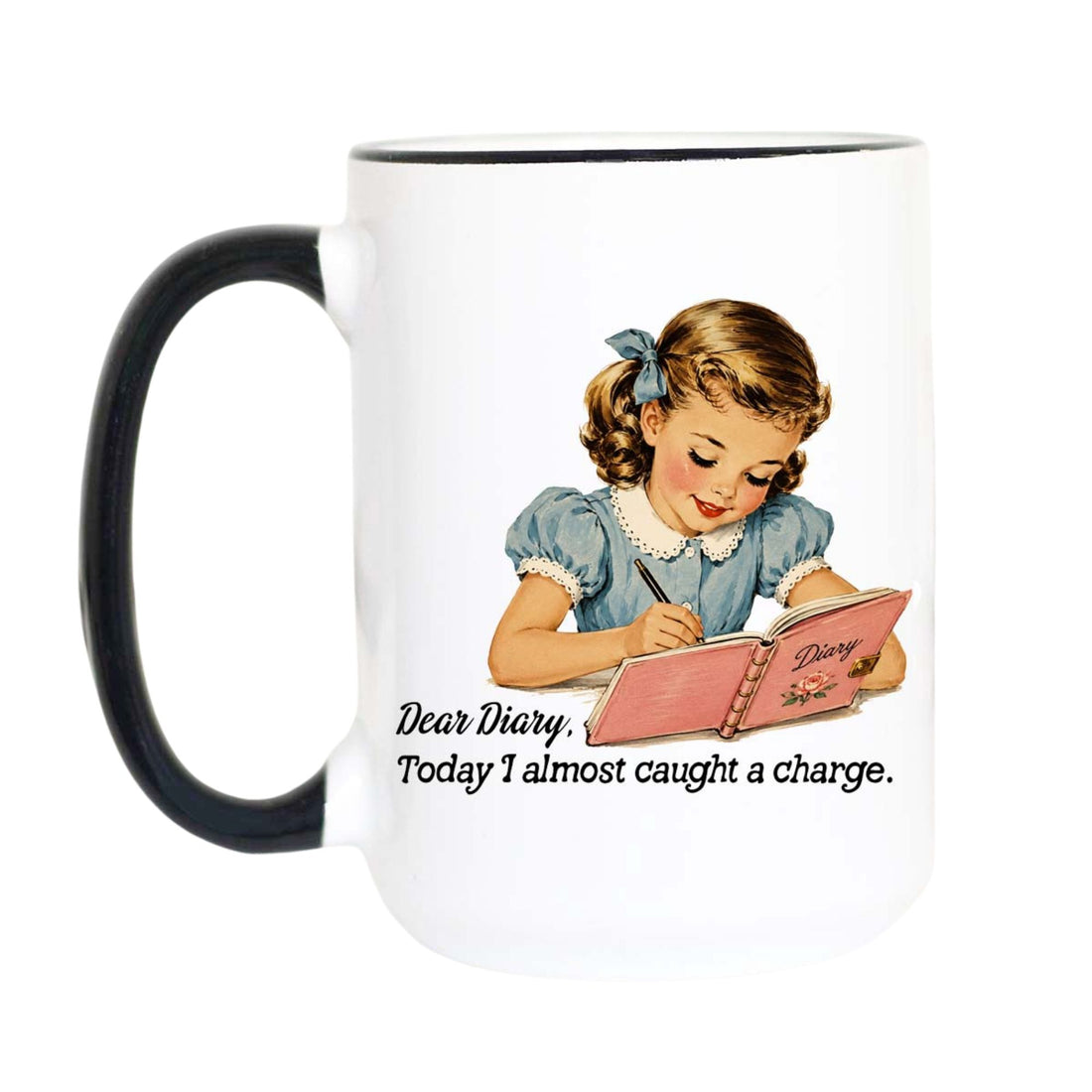 A white ceramic mug with a black handle and black rim, featuring a vintage-style illustration of a young girl writing in a pink diary and the text &