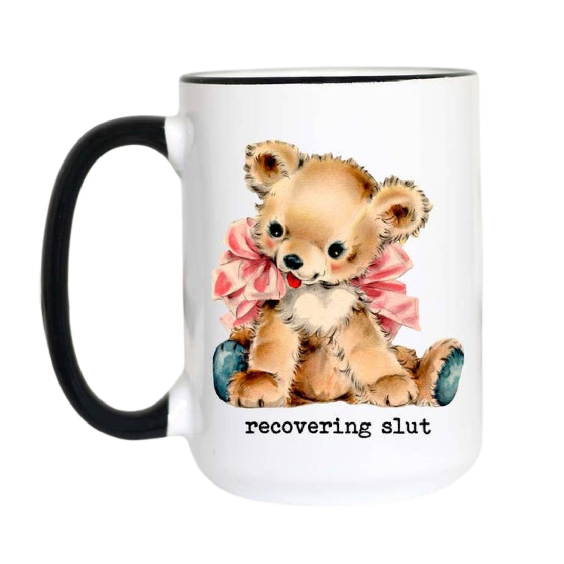 A white ceramic mug with a black handle and black rim, featuring a watercolor illustration of a cute brown teddy bear wearing a pink bow, with the text &