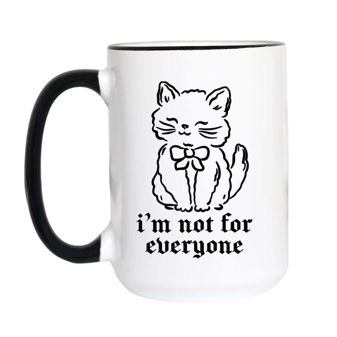 A smug kitten in a bow says what your therapist calls "healthy boundaries." The sassy cat mug for acquired tastes and proud ones at that. 