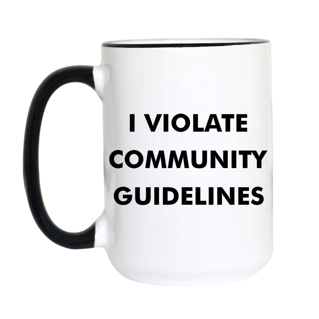White mug with black handle and text &