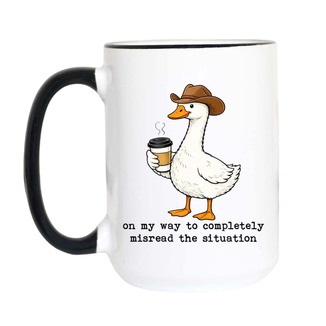 A white ceramic coffee mug with a black handle and black rim, featuring a cartoon white goose wearing a brown cowboy hat and holding a takeaway coffee cup. Below the goose is the text &