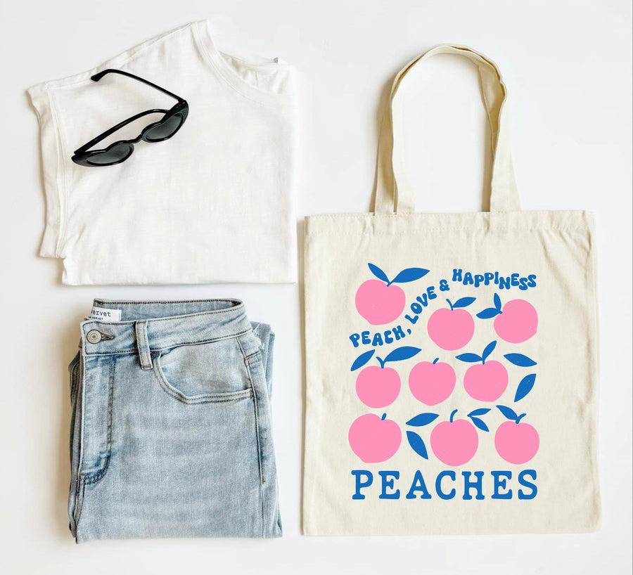White tank top, blue jeans, sunglasses, and a tote bag with 'Peach, Love & Happiness' design on a white background