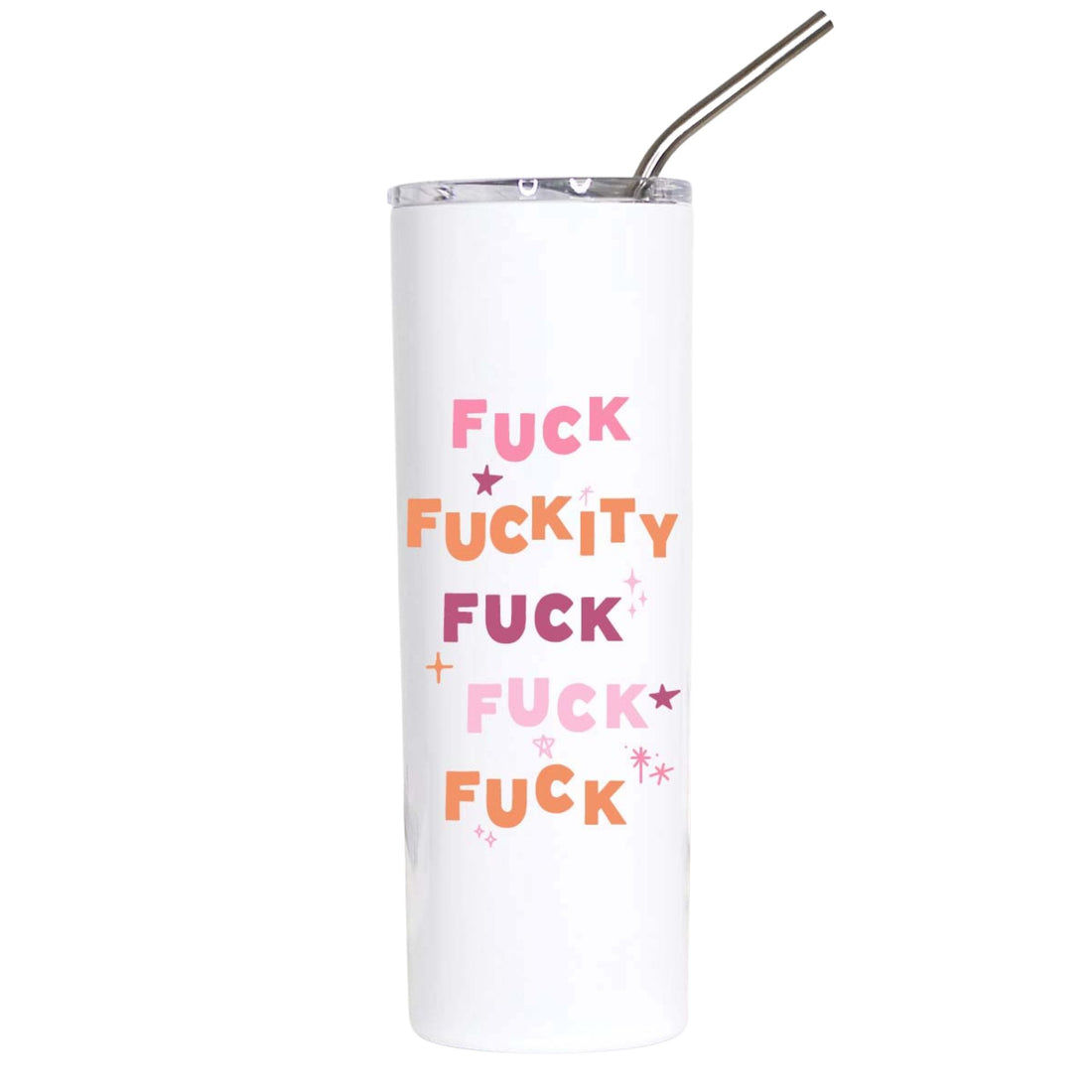 A white insulated tumbler with a clear lid and metal straw, featuring the text &