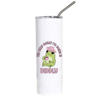 Funny frog stainless steel tumbler featuring a frog wearing a pink cowboy hat drinking coffee with the quote "The Only Squat I'm Doing Is Diddly."