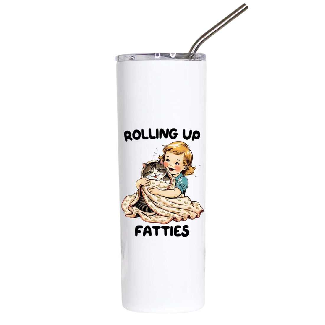 Funny cat stainless steel tumbler featuring a vintage child wrapping a chubby tabby cat in a blanket with the phrase "Rolling Up Fatties."