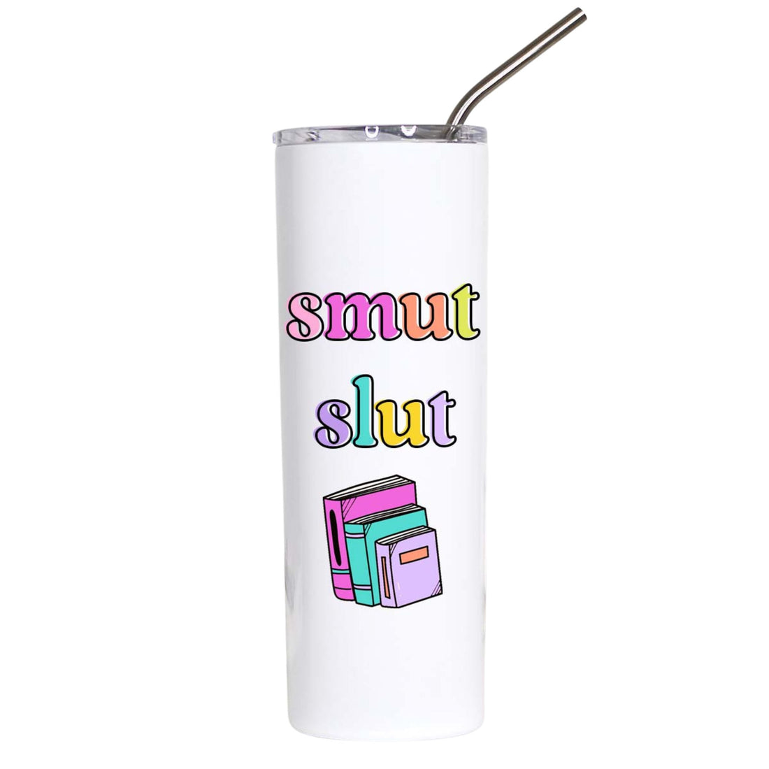 A white insulated tumbler with a clear lid and metal straw, featuring the text &