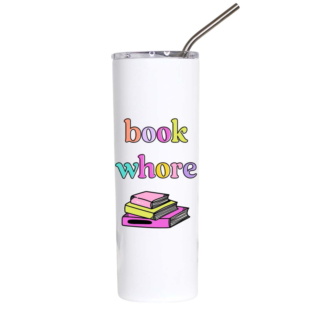 A white insulated tumbler with a clear lid and metal straw, featuring the text &