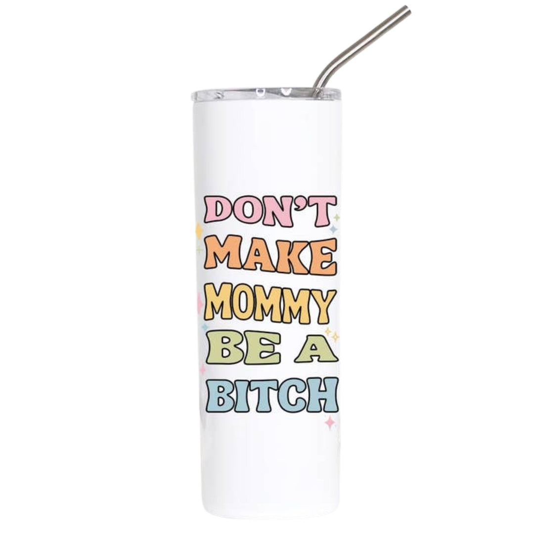 A white insulated tumbler with a stainless steel straw, featuring the text &