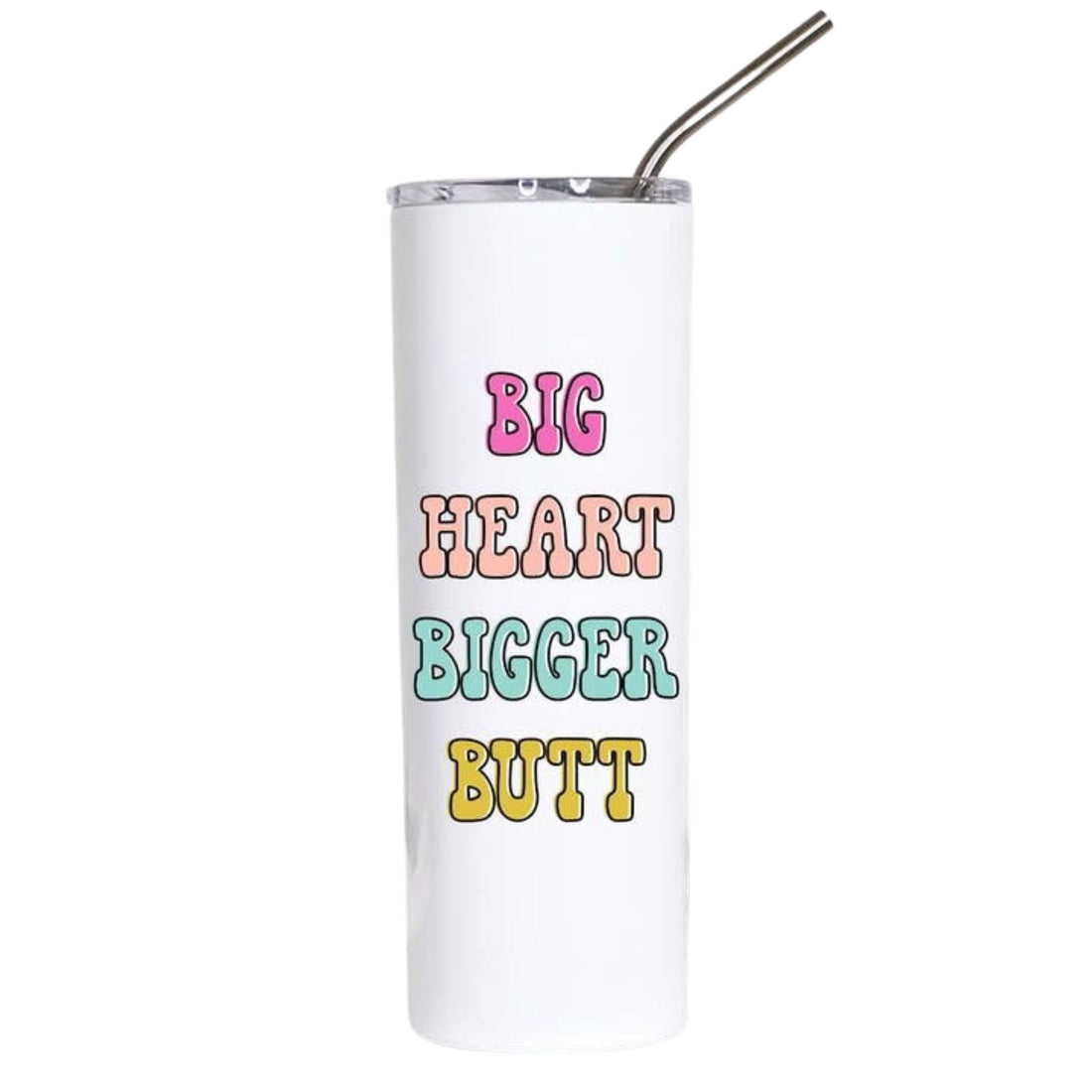 A tall white insulated tumbler with a stainless steel straw, featuring the text &