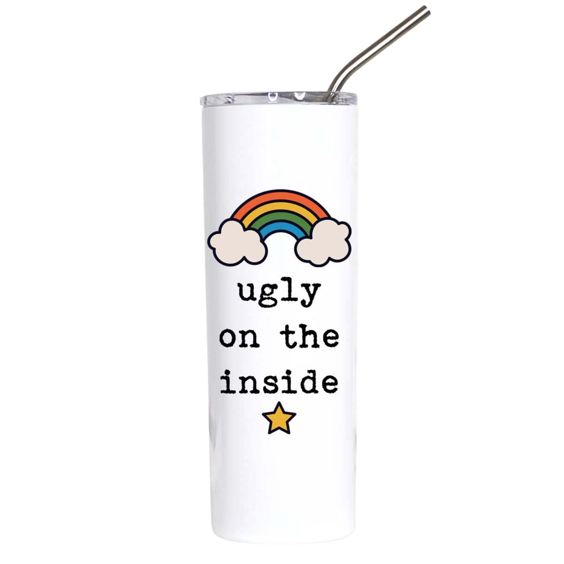 A white insulated tumbler with a clear lid and metal straw, featuring a cartoon rainbow, clouds, the text &