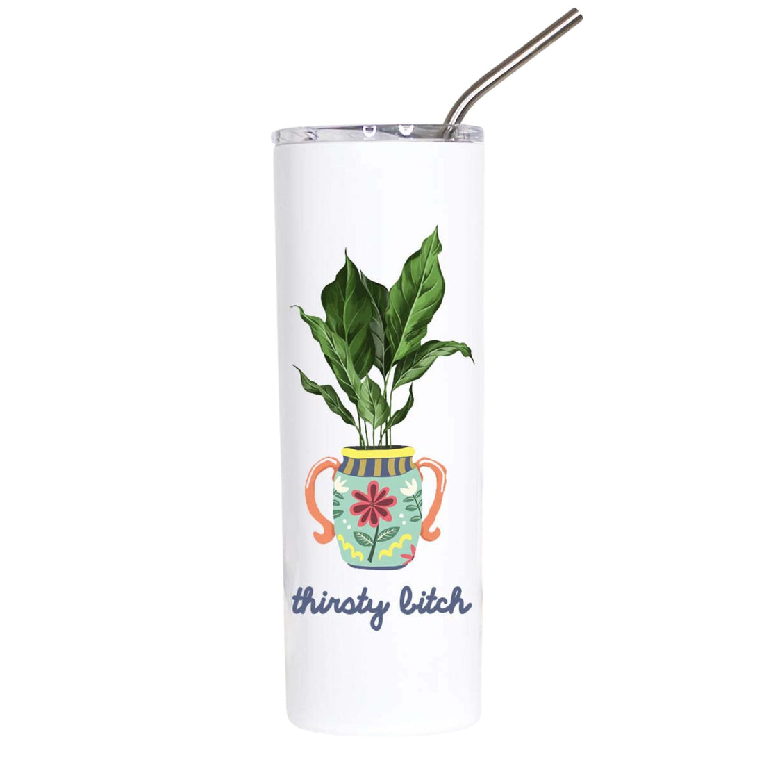 A tall white insulated tumbler with a clear lid and metal straw, featuring a printed illustration of a potted green plant in a decorative multicolor pot and the phrase &