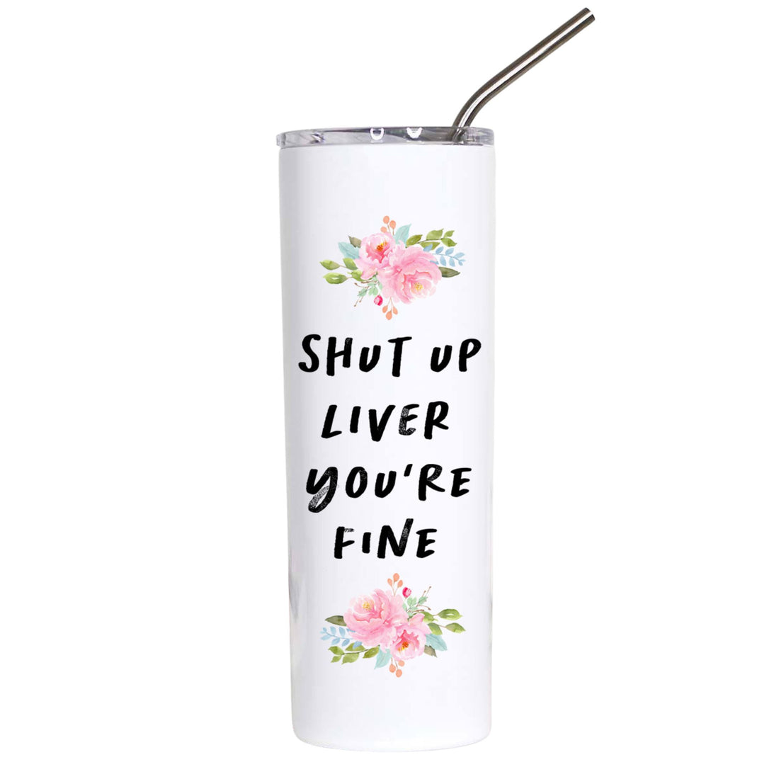 A white insulated tumbler with a clear lid and metal straw, featuring the text &