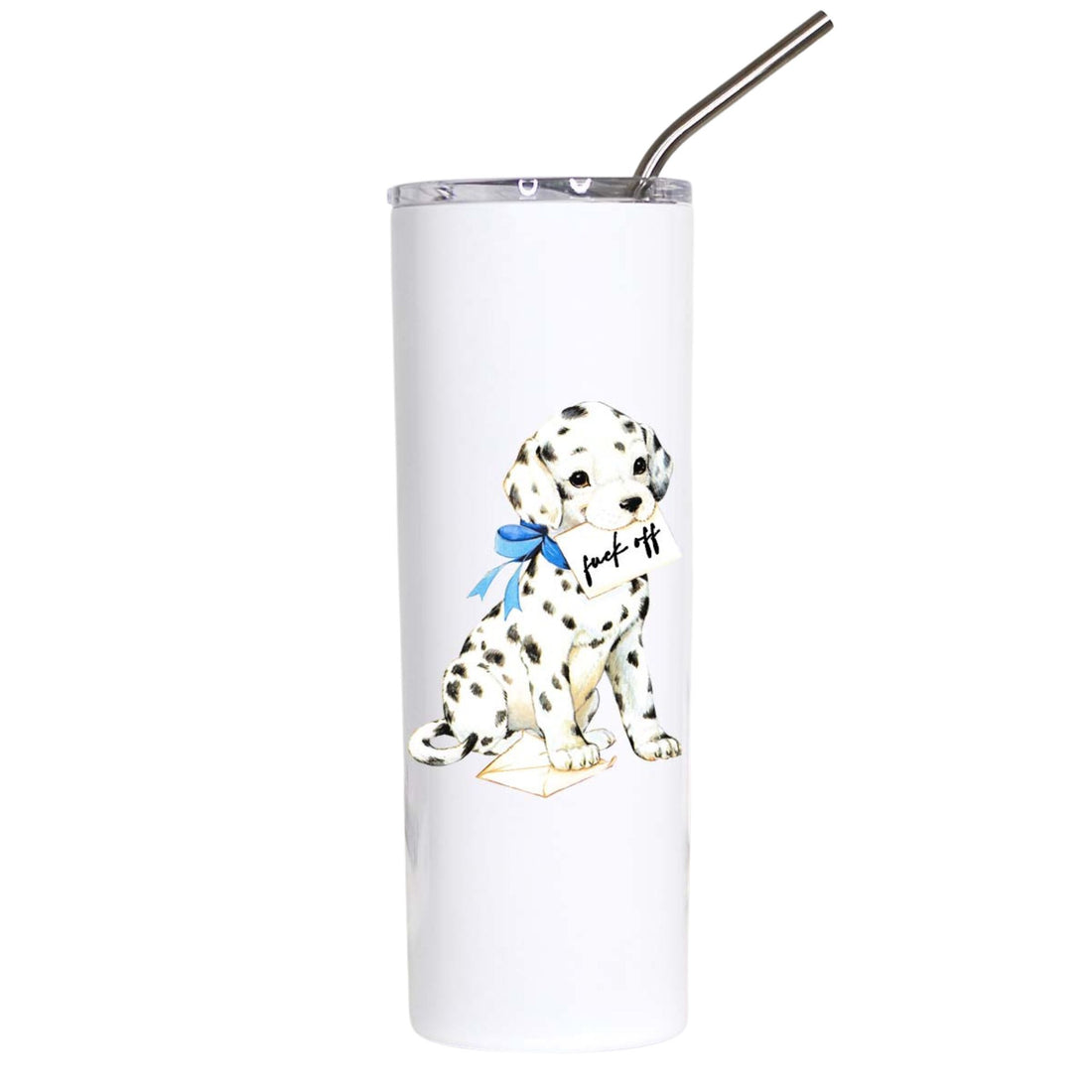 A tall white insulated tumbler with a stainless steel straw, featuring a printed illustration of a Dalmatian puppy wearing a blue bow tie and holding a small envelope. The word &