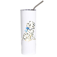 A tall white insulated tumbler with a stainless steel straw, featuring a printed illustration of a Dalmatian puppy wearing a blue bow tie and holding a small envelope. The word 'pup' is written in script next to the puppy.