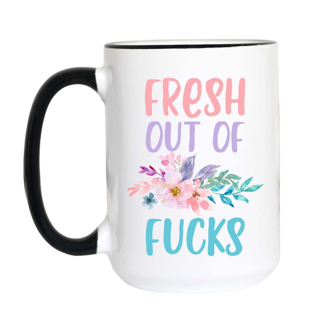A white ceramic mug with a black handle and black rim, featuring the text &