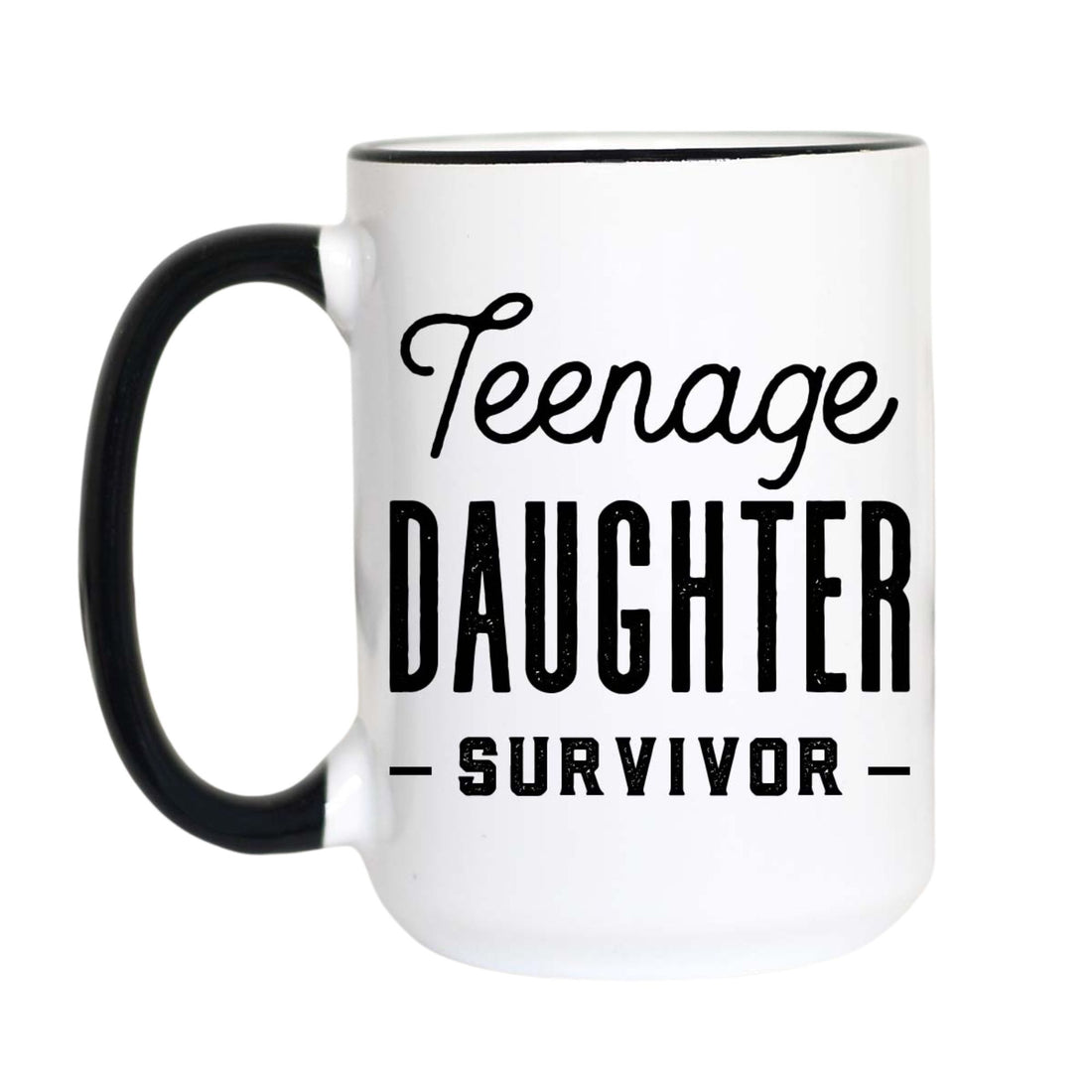 A white ceramic coffee mug with a black handle and black rim, featuring the text &