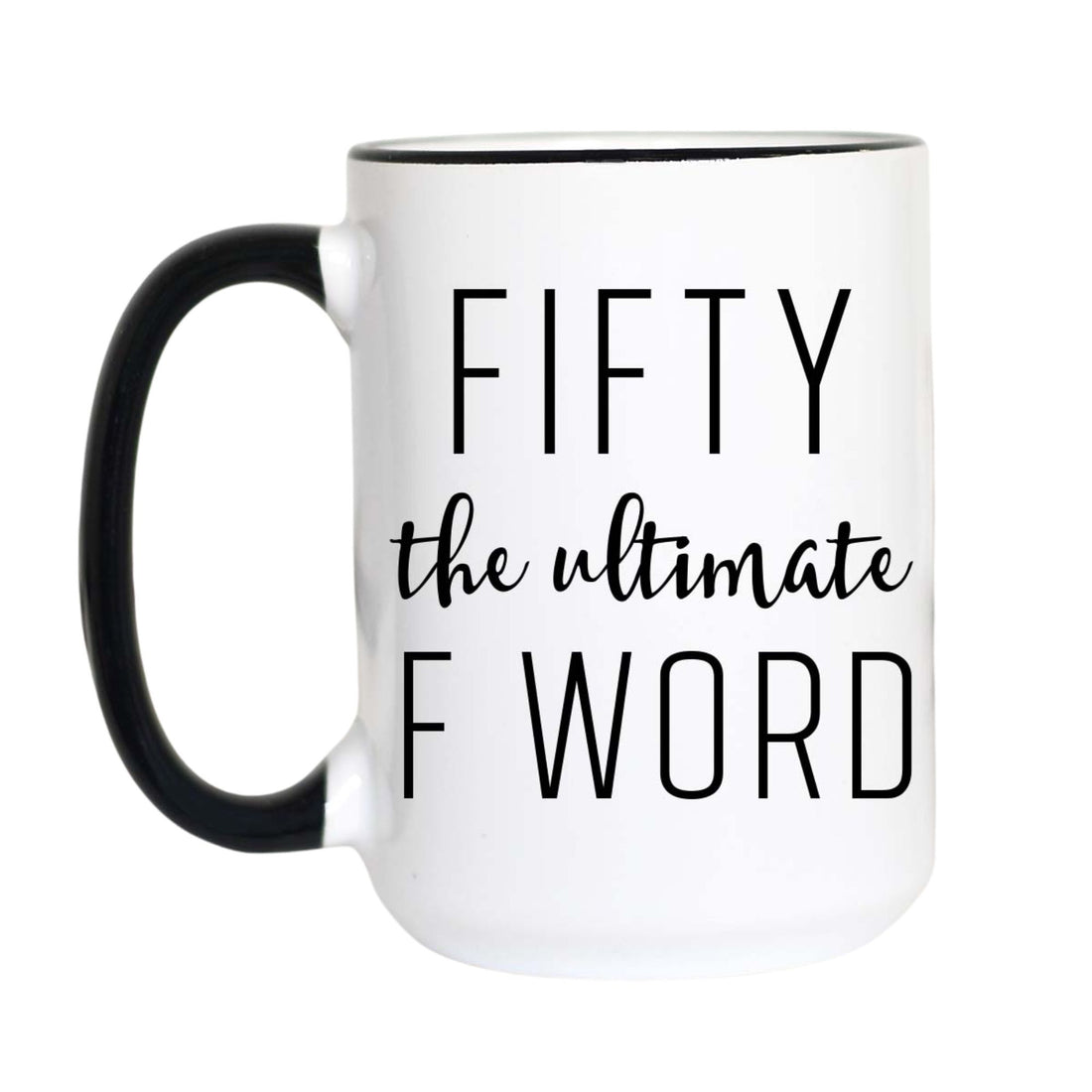 A white ceramic mug with a black handle and black rim, featuring the text &