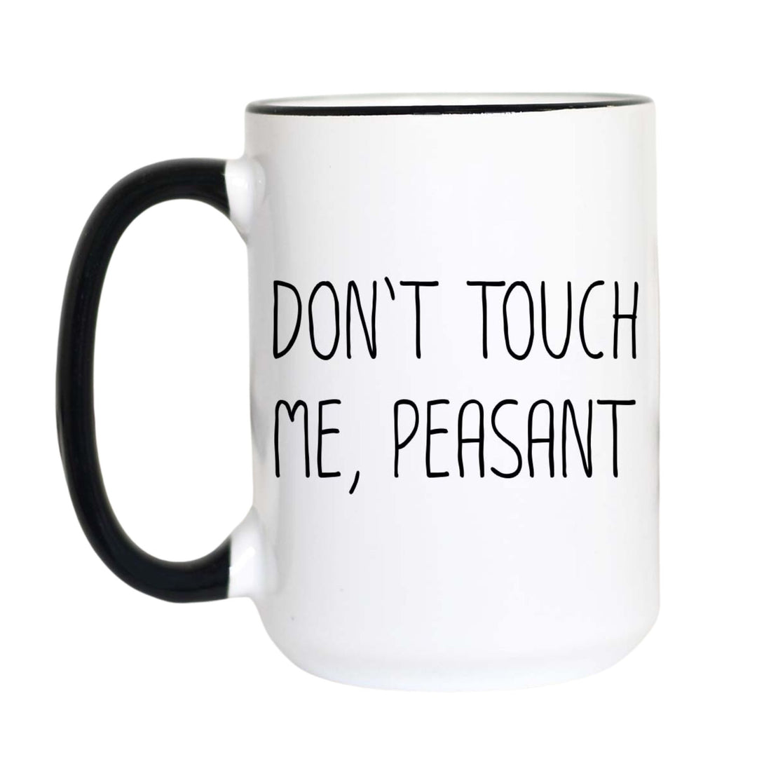 A white ceramic coffee mug with a black handle and black interior rim, featuring the text &