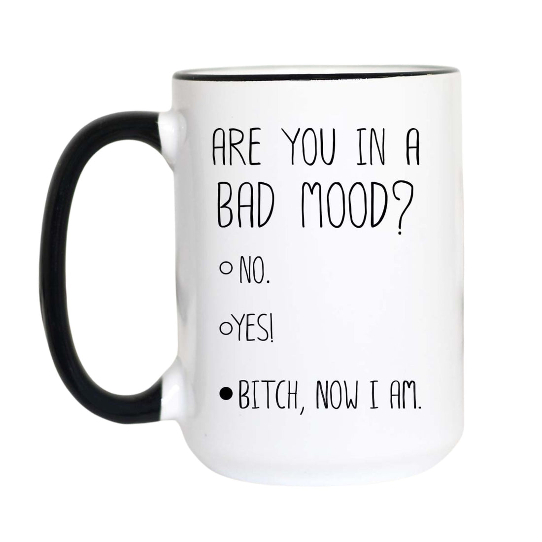 A white ceramic mug with a black handle and black interior rim, printed with the text &
