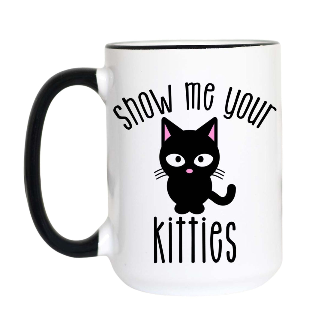 A white ceramic mug with a black handle and black rim, featuring a black cartoon cat graphic with pink inner ears and the text &