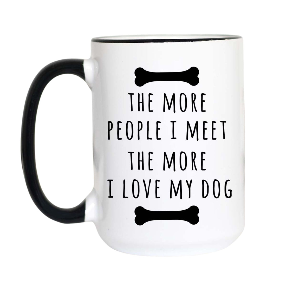 A white ceramic mug with a black handle and black interior rim, printed with the phrase &