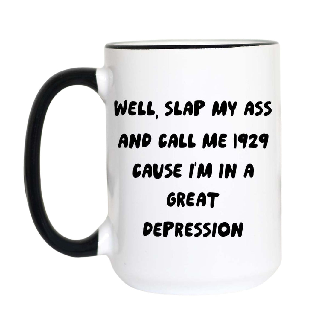 A white ceramic coffee mug with a black handle and black rim, featuring the text &