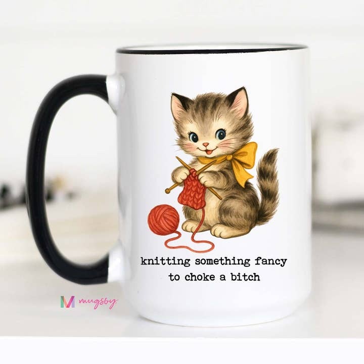 Knitting Something Fancy to Choke a Bitch Funny Knitting Cat Coffee Mug