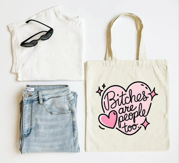 White tank top, blue jeans, black sunglasses, and a tote bag with 'Bitches are people too' text on a white background
