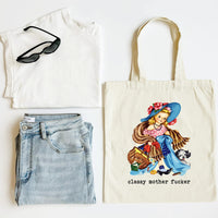 White tank top, blue jeans, sunglasses, and a tote bag with a graphic design on a white background