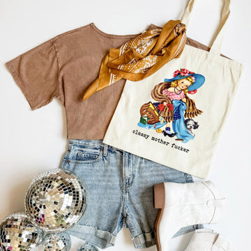 T-shirt, shorts, scarf, tote bag with graphic design on a white background