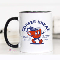 Mug with cartoon coffee cup design and 'Coffee Break' text on a white background