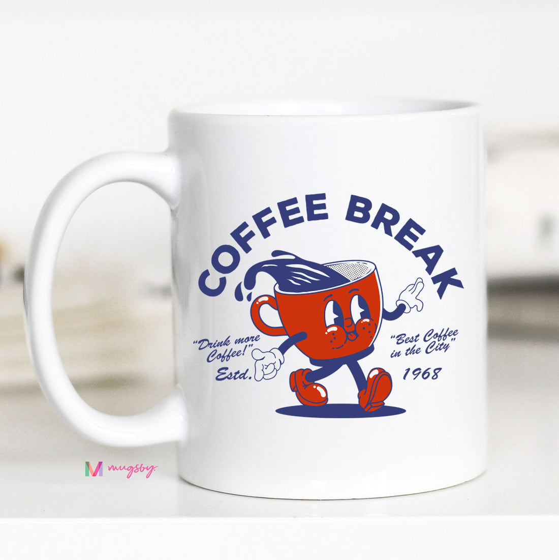 White mug with a cartoon coffee cup character and &