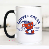 White mug with black handle featuring a cartoon coffee cup character and 'Coffee Break' text.