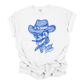cowboy skeleton white tee with blue graphics