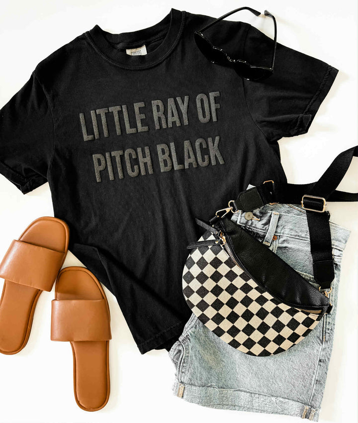 Black puff print graphic tee that says 'Little Ray of Pitch Black' – dark humor aesthetic shirt