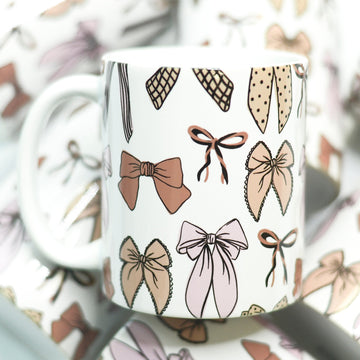 fall neutral coquette themed full wrap bow mug