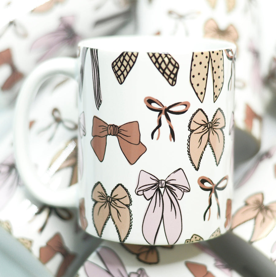 fall neutral coquette themed full wrap bow mug