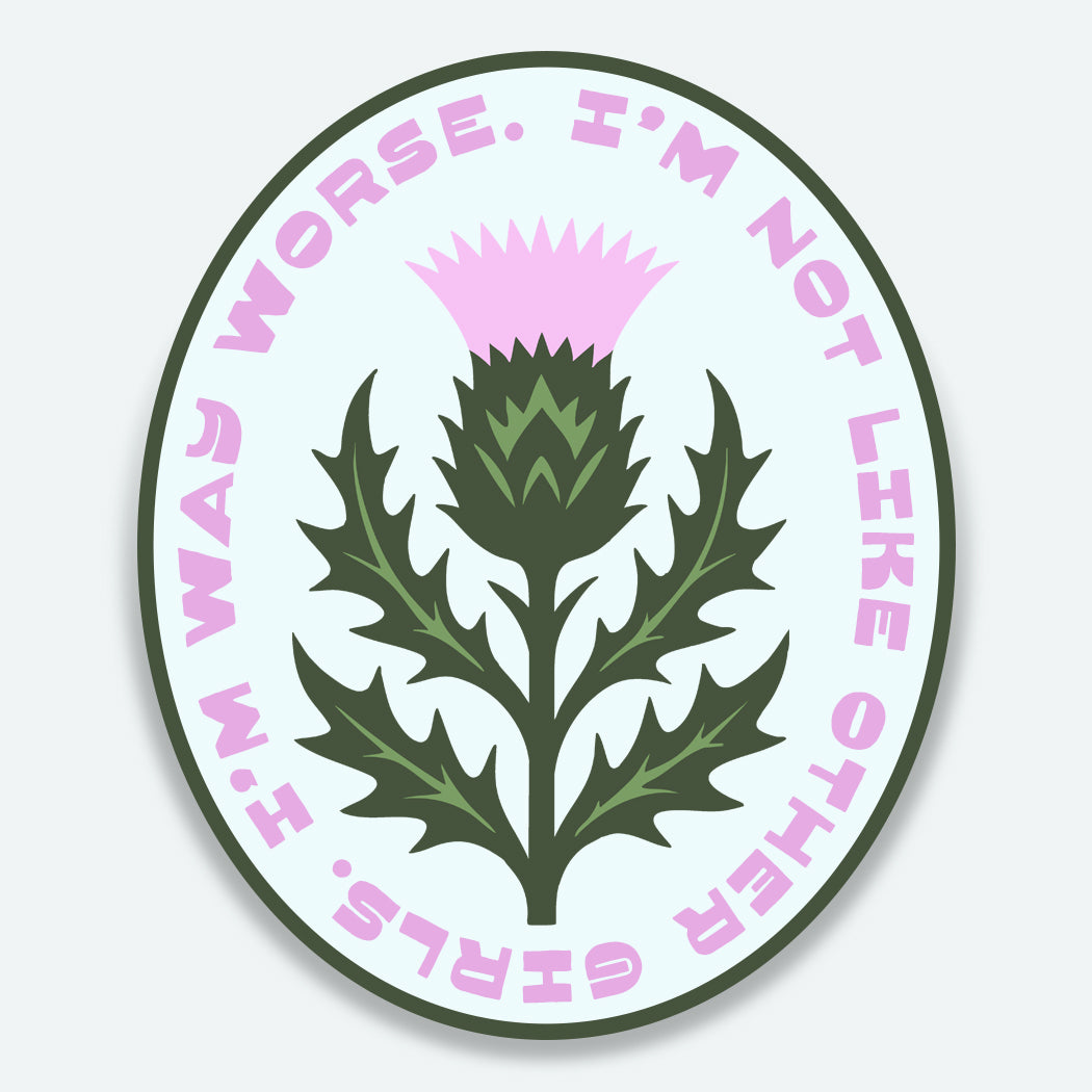 
Oval die-cut vinyl sticker featuring a botanical thistle illustration with the phrase "I&
