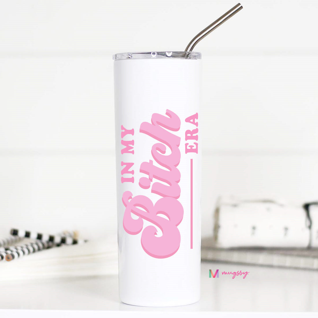 White tumbler with pink text &