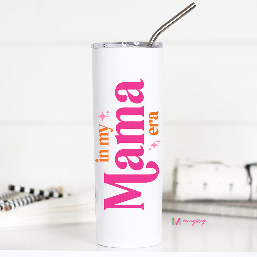 White tumbler with colorful text 'in my Mama era' on a white background