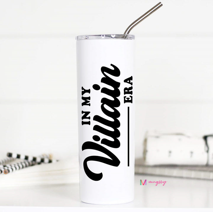 White tumbler with black text 'In My Villain Era' on a white background