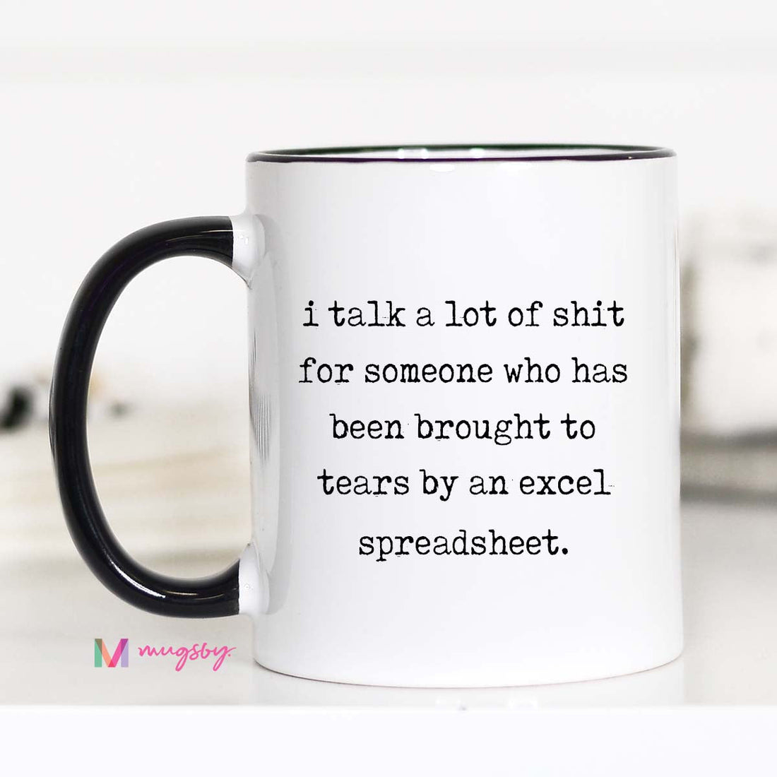 Mug with humorous text on a white background