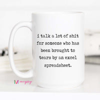 White mug with humorous text on a white background