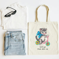 White tank top, blue jeans, sunglasses, and a tote bag with a cat illustration on a white background