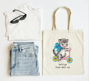 White tank top, blue jeans, sunglasses, and a tote bag with a cat illustration on a white background